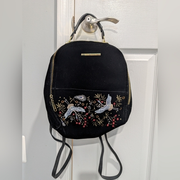 Steve Madden Black Velvet Embroidered Birds and Floral Backpack - Picture 1 of 14
